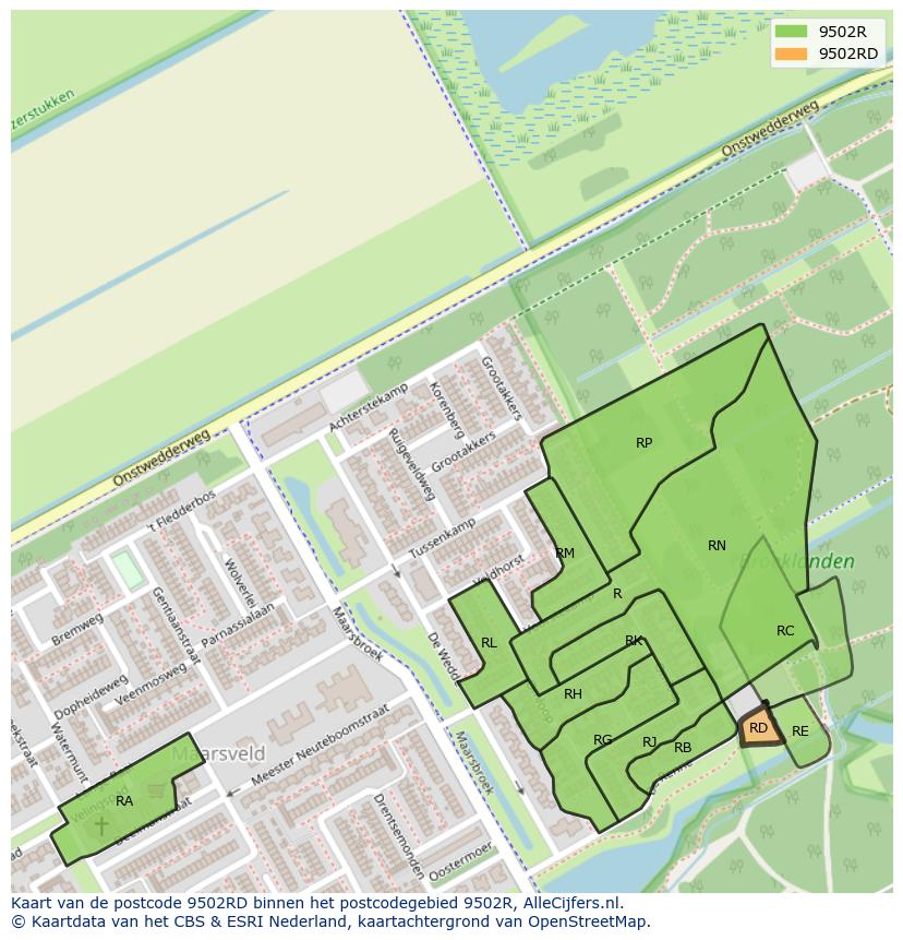 Afbeelding van het postcodegebied 9502 RD op de kaart.