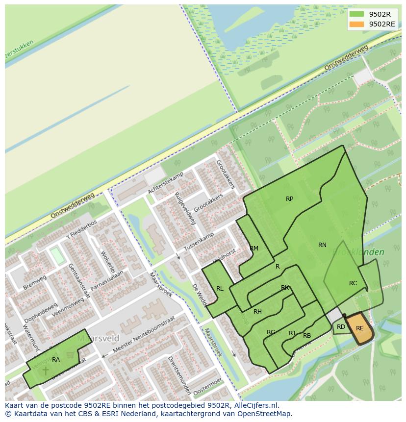 Afbeelding van het postcodegebied 9502 RE op de kaart.