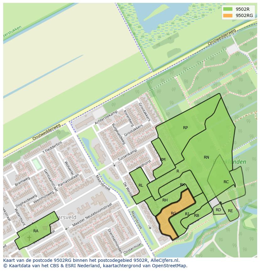 Afbeelding van het postcodegebied 9502 RG op de kaart.
