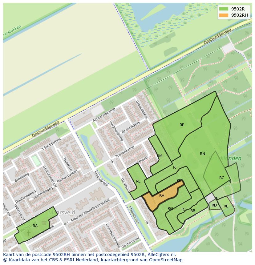 Afbeelding van het postcodegebied 9502 RH op de kaart.