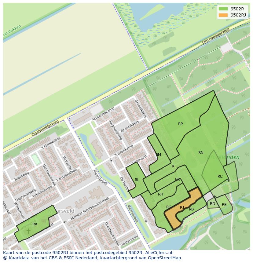 Afbeelding van het postcodegebied 9502 RJ op de kaart.