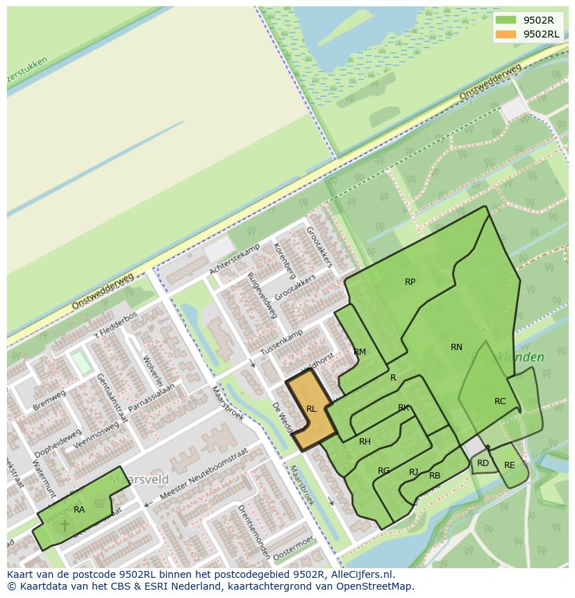 Afbeelding van het postcodegebied 9502 RL op de kaart.
