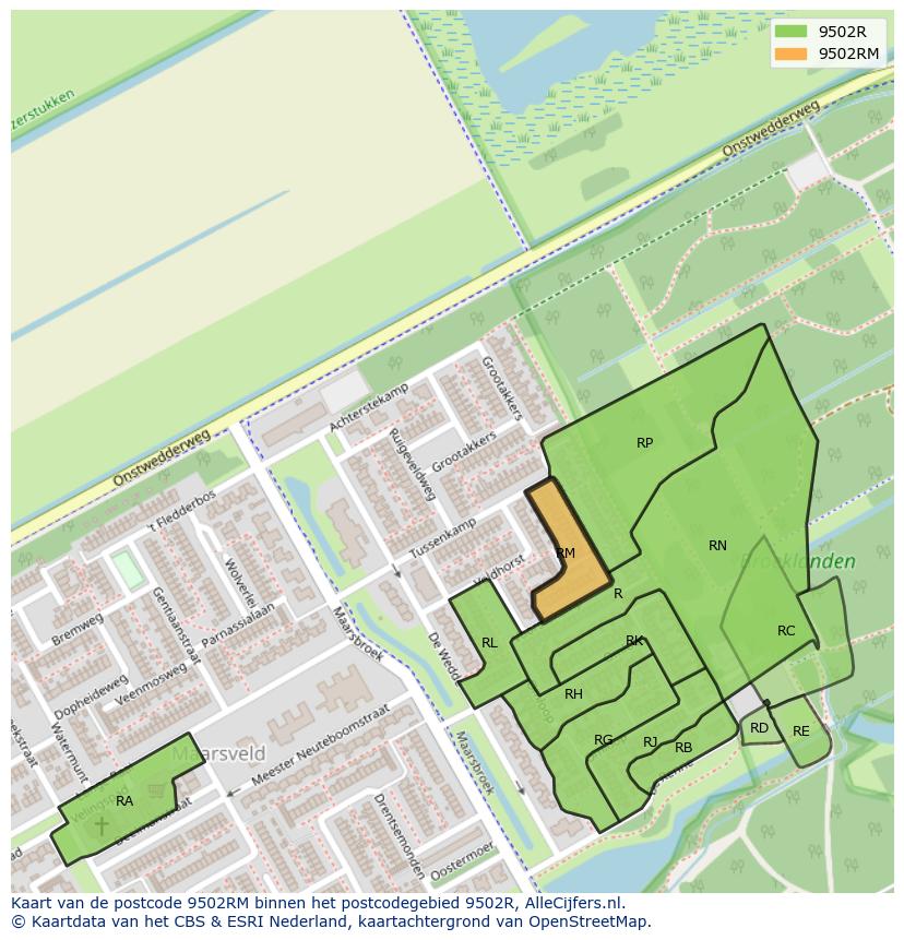 Afbeelding van het postcodegebied 9502 RM op de kaart.