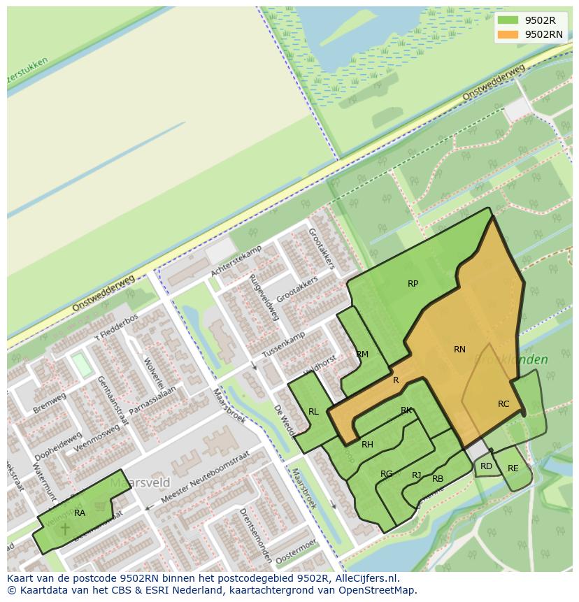 Afbeelding van het postcodegebied 9502 RN op de kaart.
