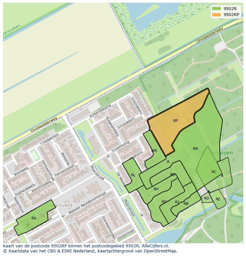 Afbeelding van het postcodegebied 9502 RP op de kaart.