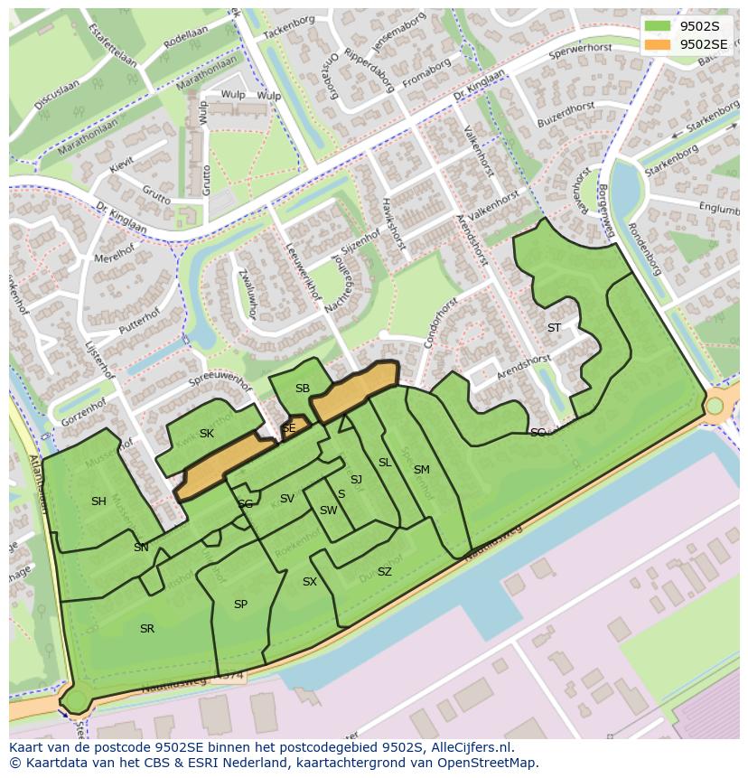 Afbeelding van het postcodegebied 9502 SE op de kaart.