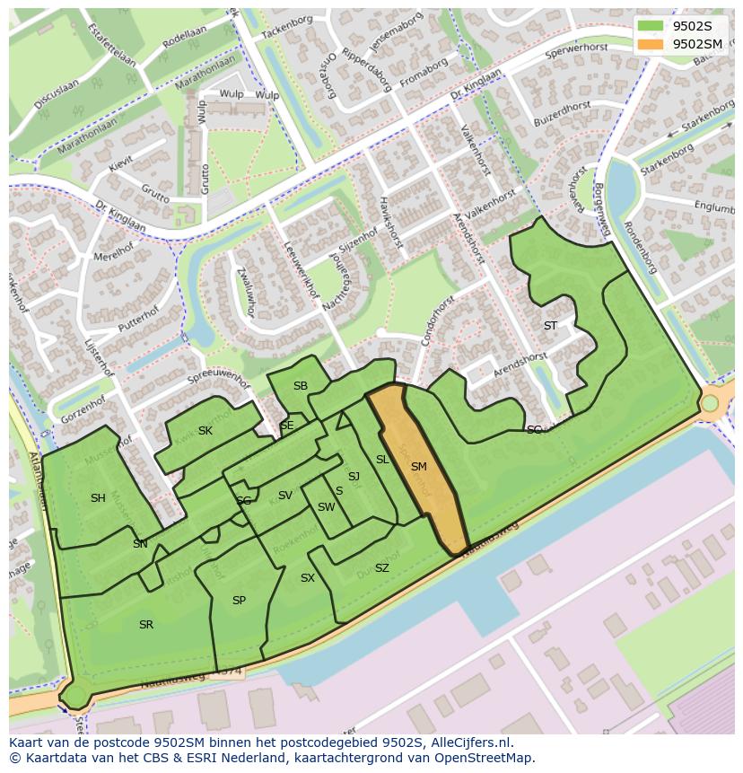Afbeelding van het postcodegebied 9502 SM op de kaart.