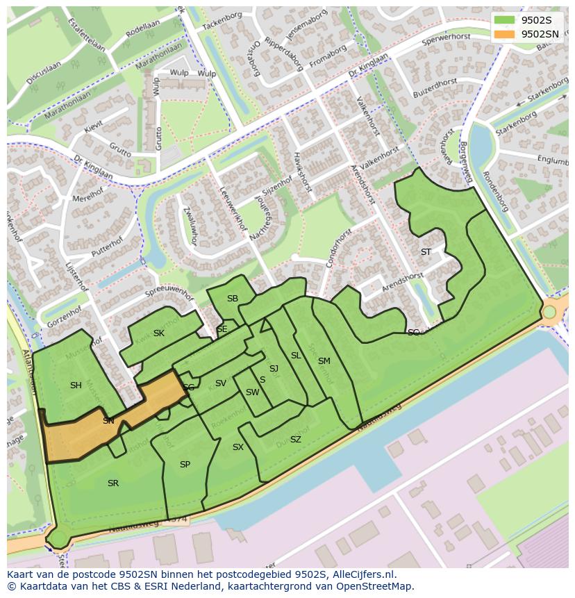 Afbeelding van het postcodegebied 9502 SN op de kaart.