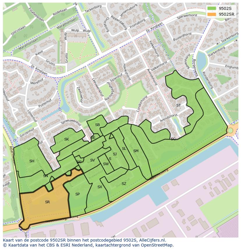 Afbeelding van het postcodegebied 9502 SR op de kaart.