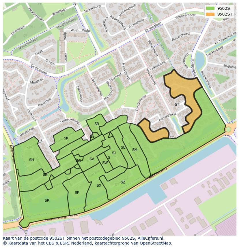 Afbeelding van het postcodegebied 9502 ST op de kaart.