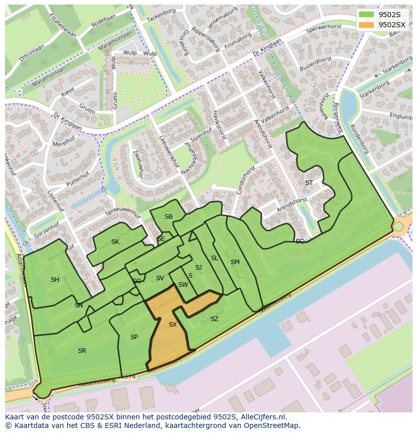 Afbeelding van het postcodegebied 9502 SX op de kaart.
