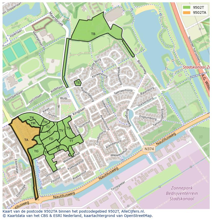 Afbeelding van het postcodegebied 9502 TA op de kaart.