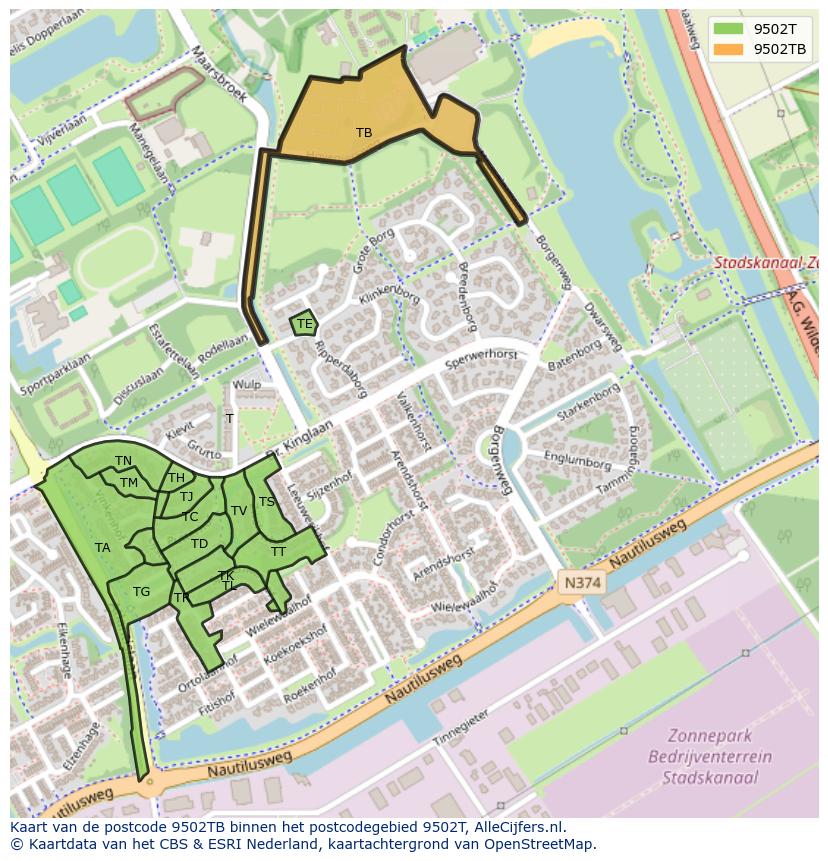 Afbeelding van het postcodegebied 9502 TB op de kaart.