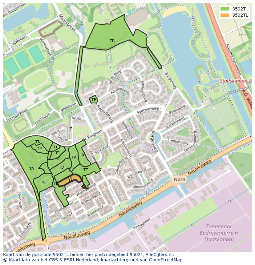 Afbeelding van het postcodegebied 9502 TL op de kaart.