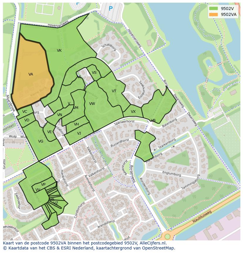 Afbeelding van het postcodegebied 9502 VA op de kaart.