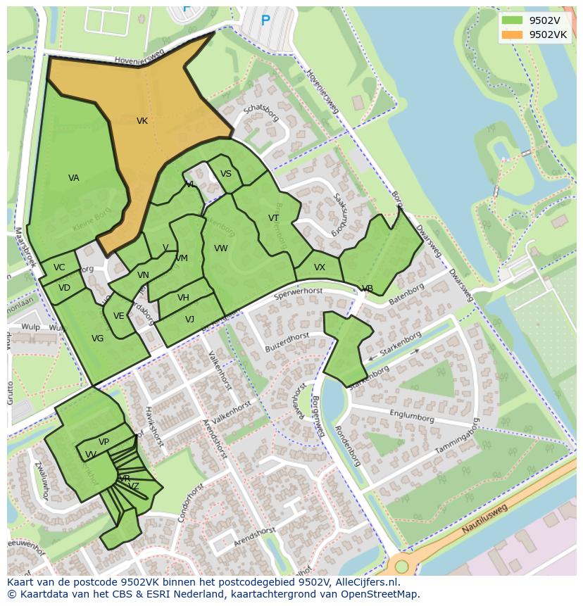 Afbeelding van het postcodegebied 9502 VK op de kaart.