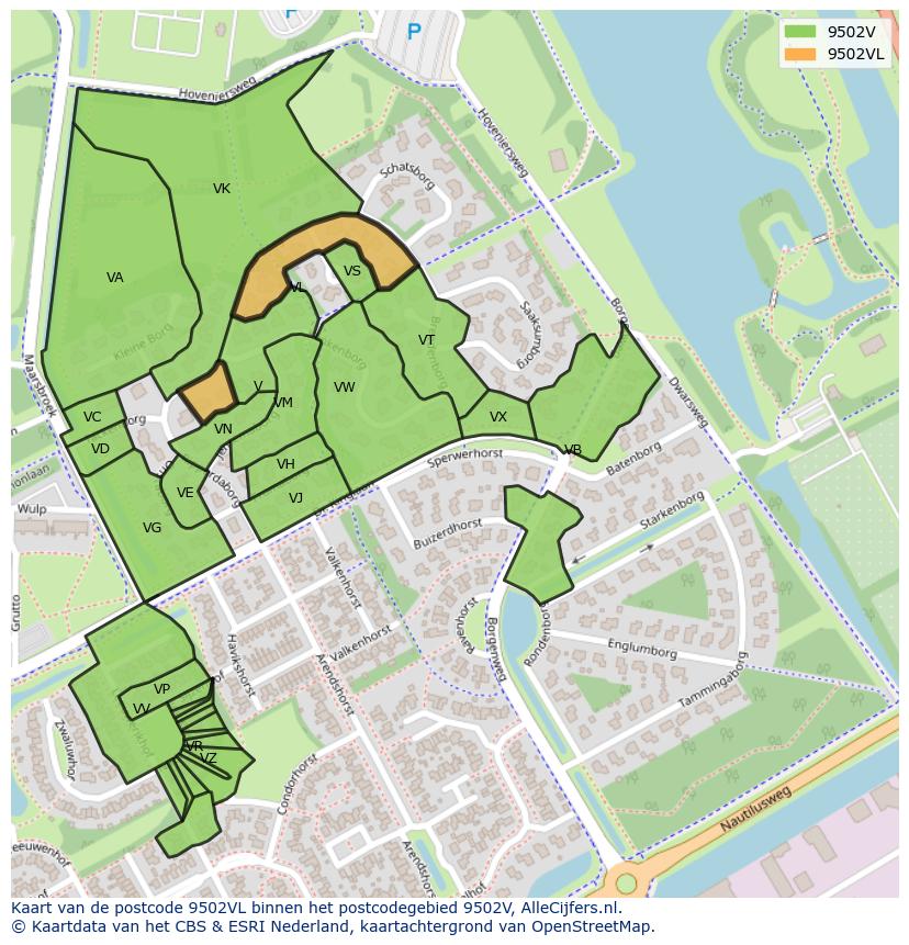 Afbeelding van het postcodegebied 9502 VL op de kaart.