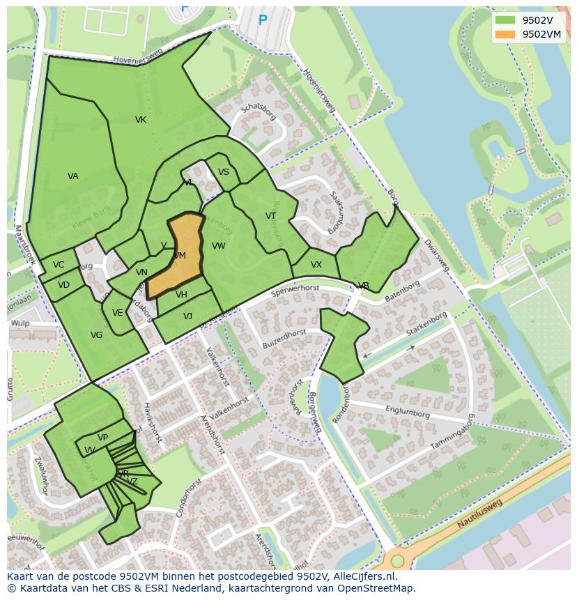 Afbeelding van het postcodegebied 9502 VM op de kaart.