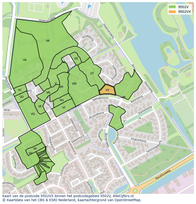 Afbeelding van het postcodegebied 9502 VX op de kaart.