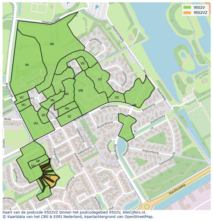 Afbeelding van het postcodegebied 9502 VZ op de kaart.
