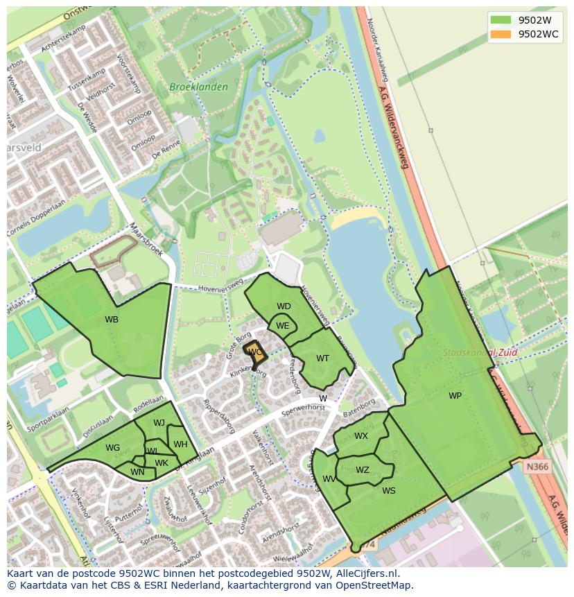 Afbeelding van het postcodegebied 9502 WC op de kaart.