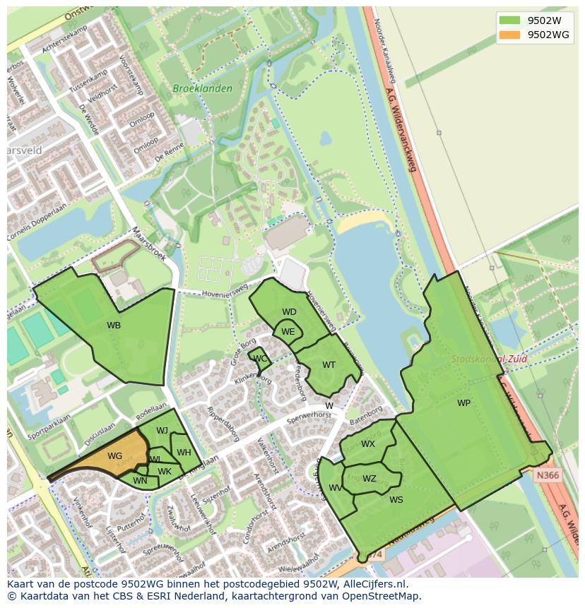 Afbeelding van het postcodegebied 9502 WG op de kaart.