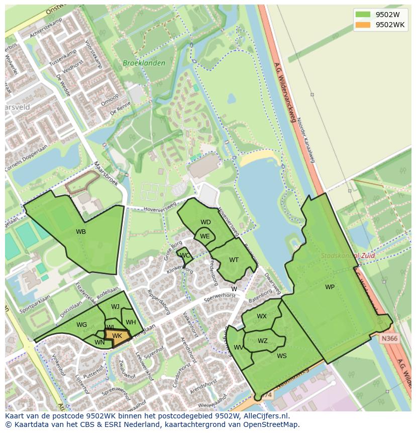 Afbeelding van het postcodegebied 9502 WK op de kaart.