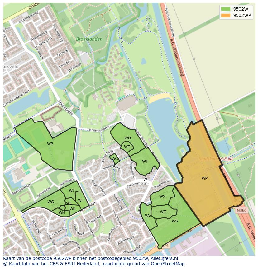 Afbeelding van het postcodegebied 9502 WP op de kaart.