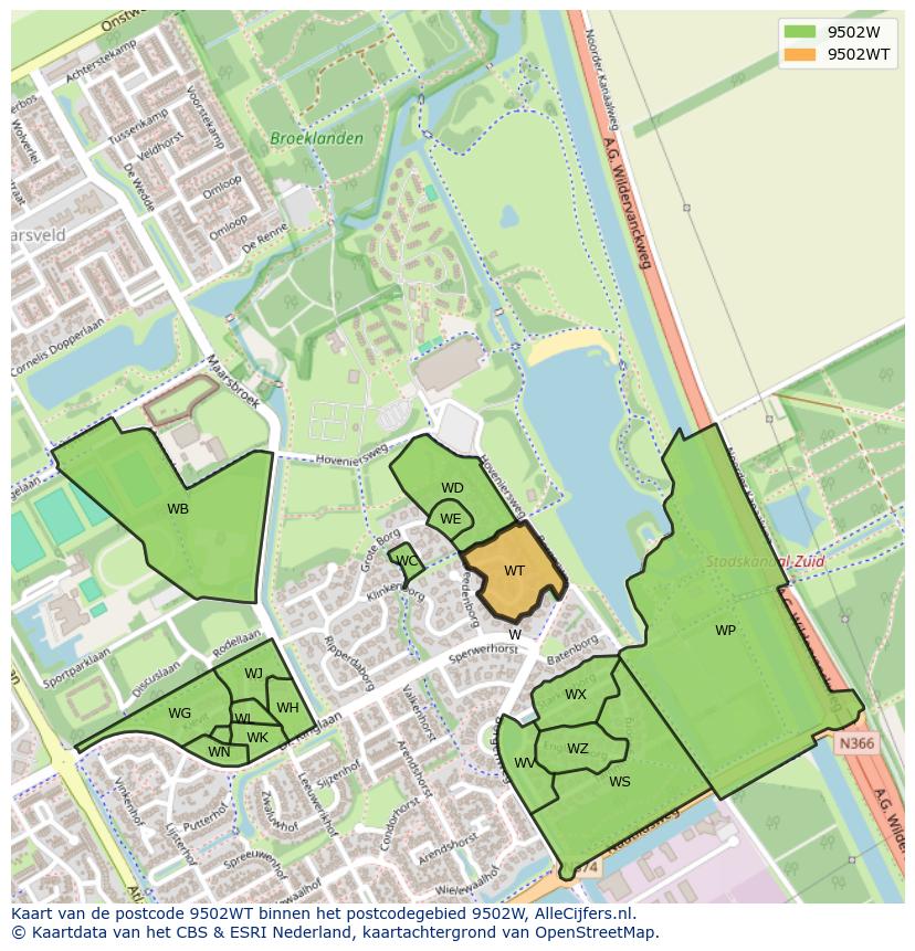 Afbeelding van het postcodegebied 9502 WT op de kaart.