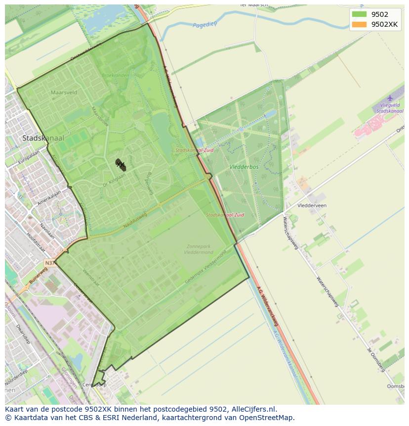Afbeelding van het postcodegebied 9502 XK op de kaart.