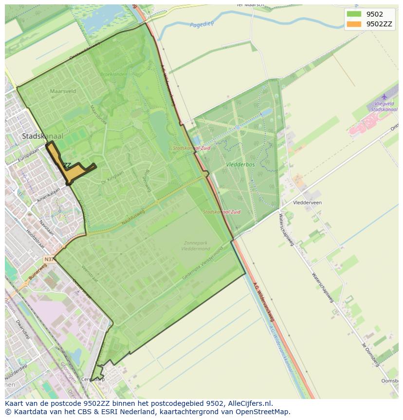 Afbeelding van het postcodegebied 9502 ZZ op de kaart.
