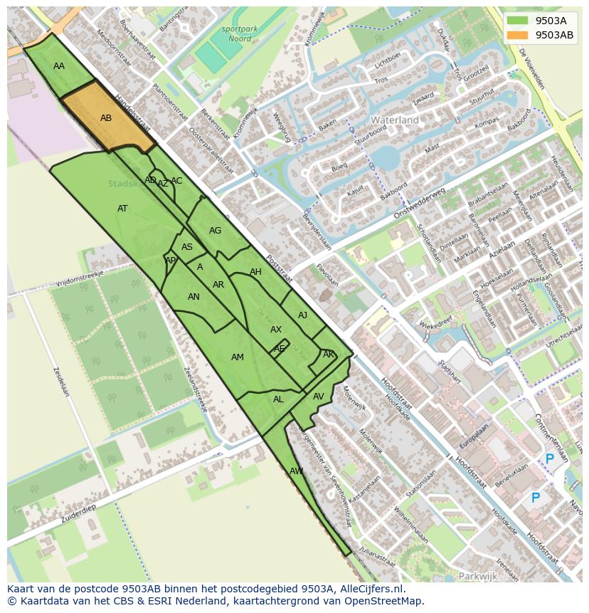 Afbeelding van het postcodegebied 9503 AB op de kaart.