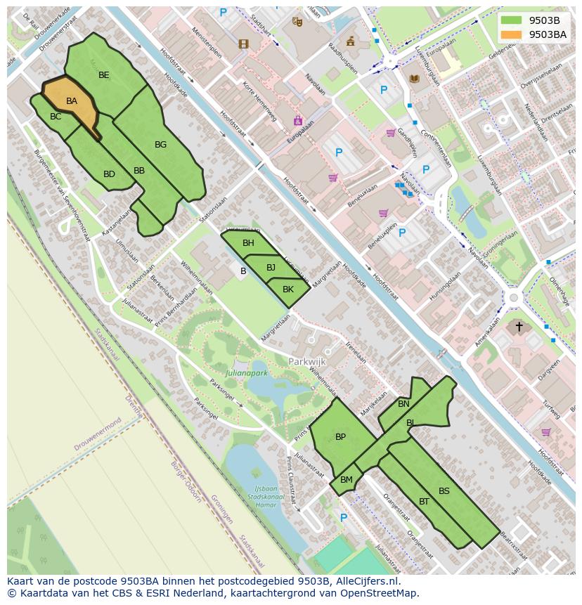Afbeelding van het postcodegebied 9503 BA op de kaart.