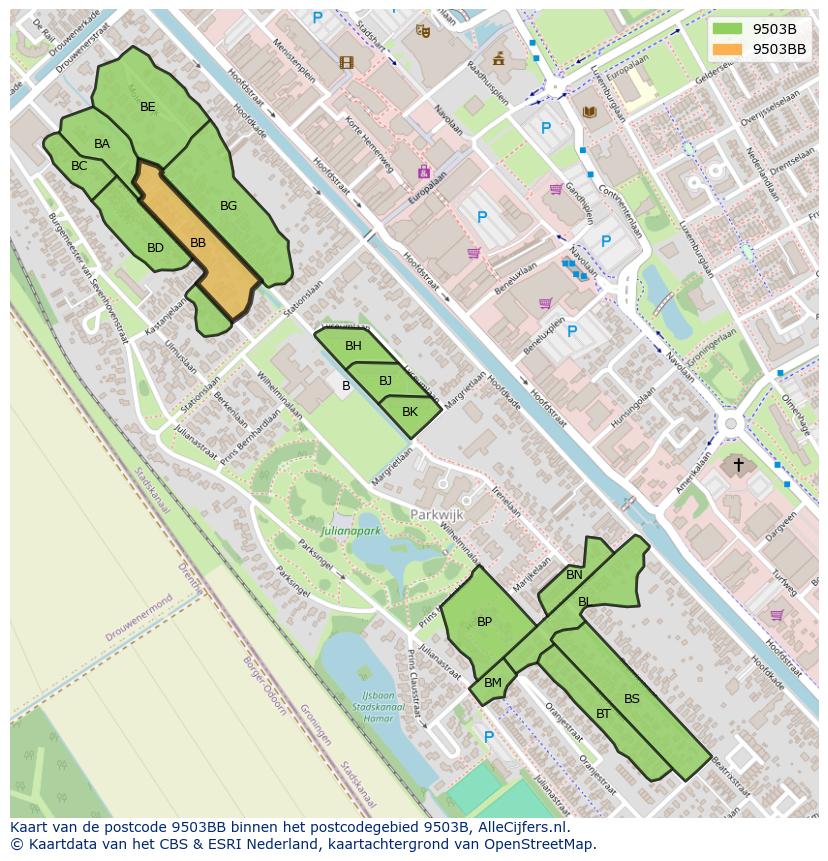 Afbeelding van het postcodegebied 9503 BB op de kaart.