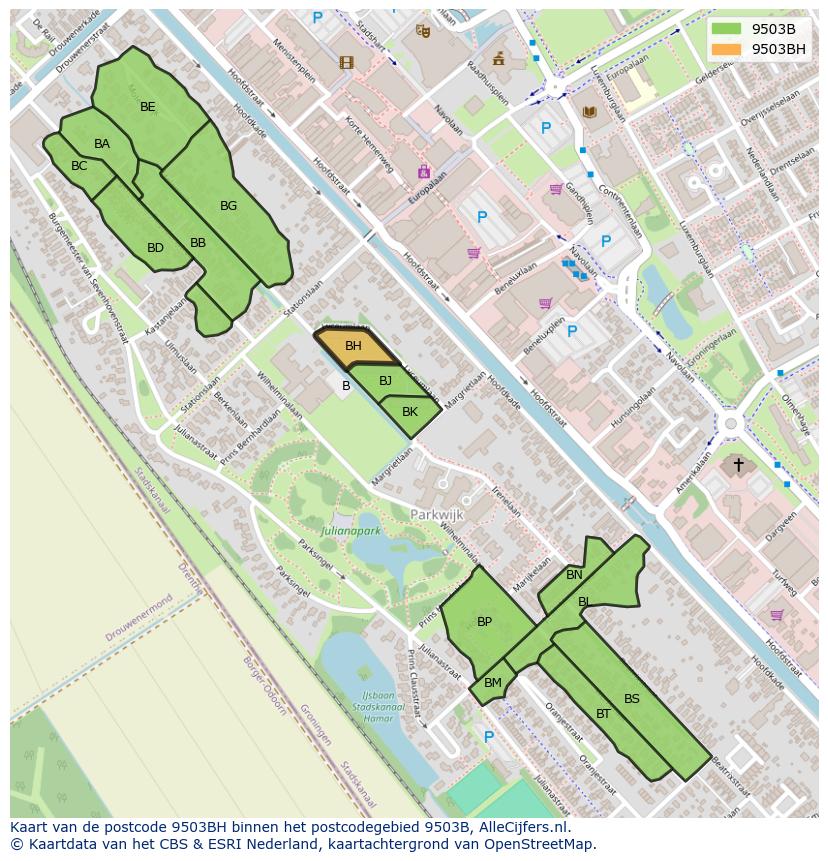 Afbeelding van het postcodegebied 9503 BH op de kaart.