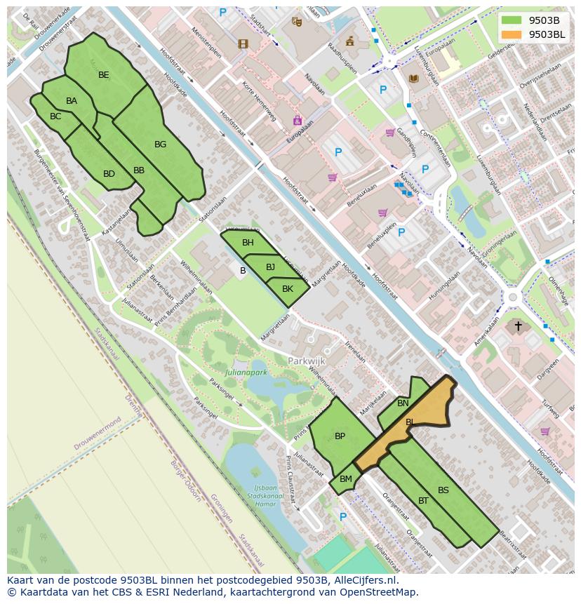 Afbeelding van het postcodegebied 9503 BL op de kaart.