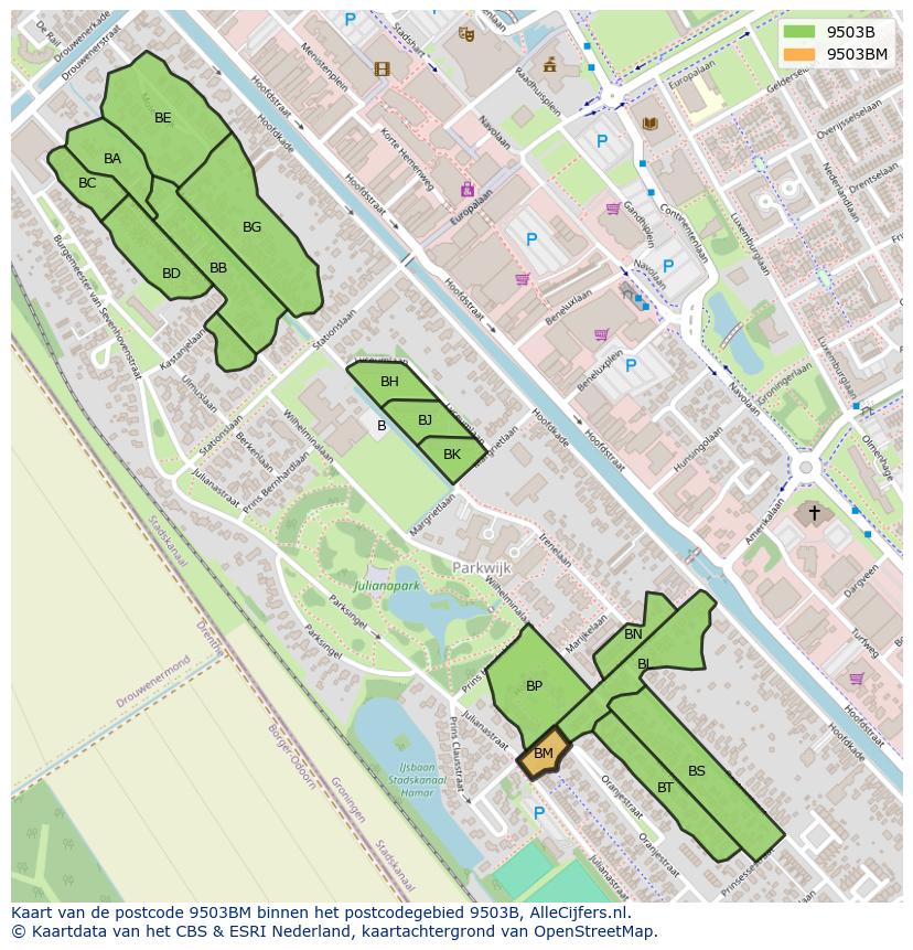 Afbeelding van het postcodegebied 9503 BM op de kaart.