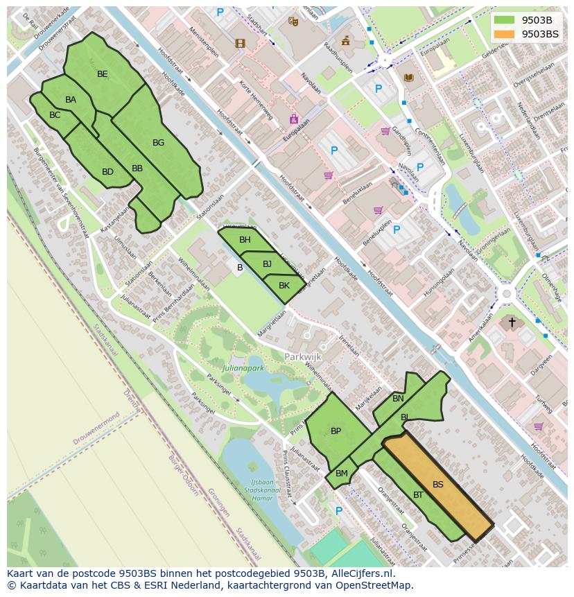 Afbeelding van het postcodegebied 9503 BS op de kaart.