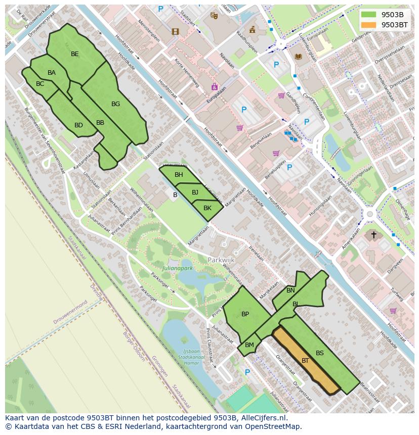 Afbeelding van het postcodegebied 9503 BT op de kaart.