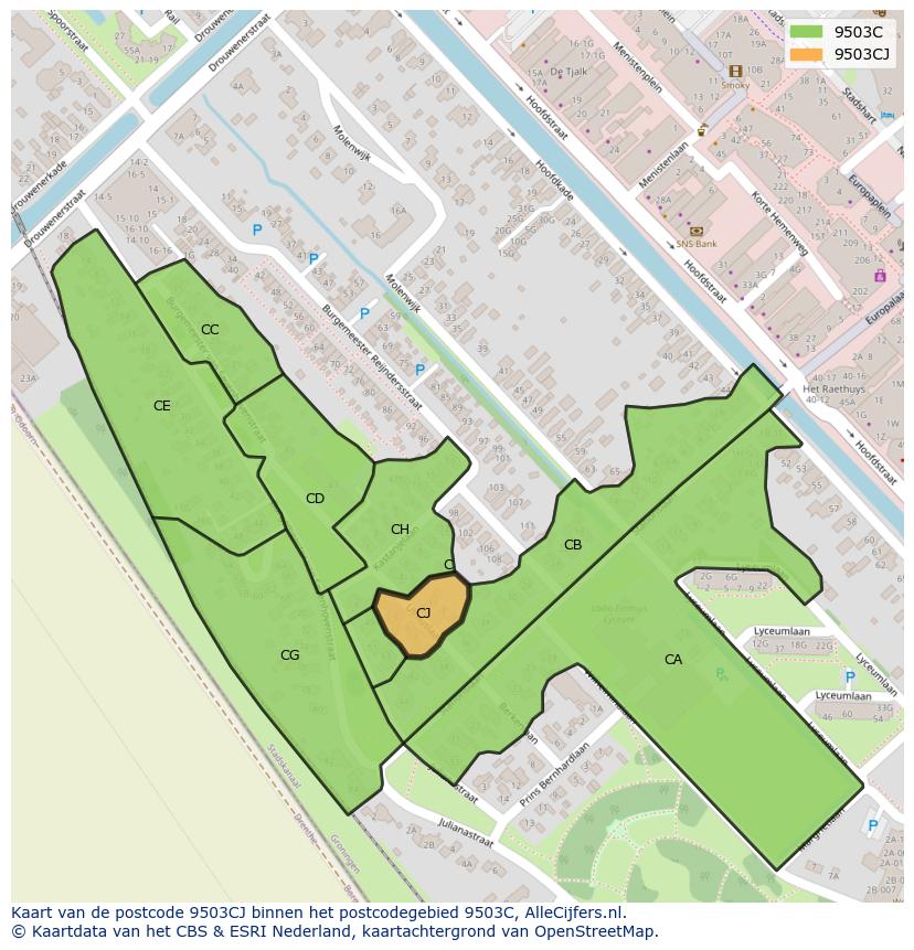 Afbeelding van het postcodegebied 9503 CJ op de kaart.