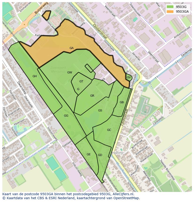 Afbeelding van het postcodegebied 9503 GA op de kaart.