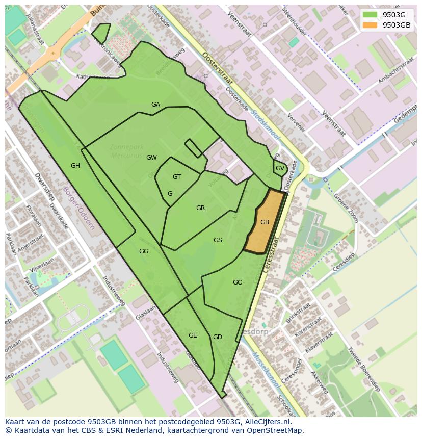 Afbeelding van het postcodegebied 9503 GB op de kaart.