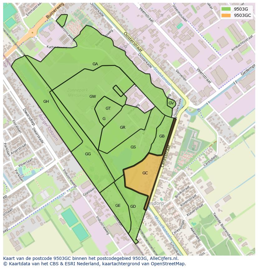 Afbeelding van het postcodegebied 9503 GC op de kaart.