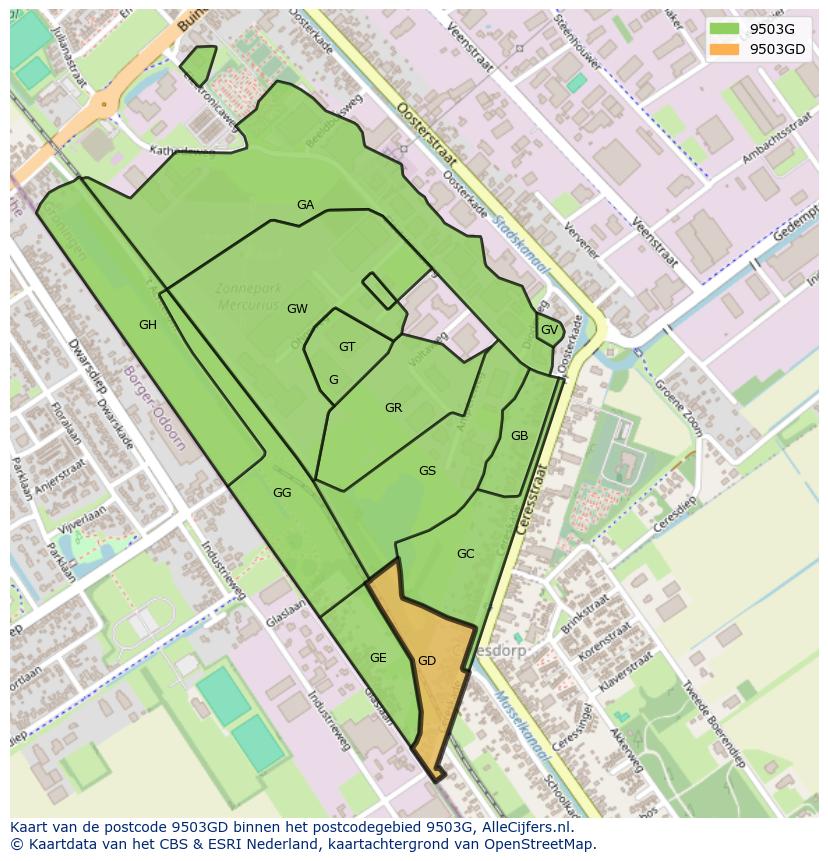 Afbeelding van het postcodegebied 9503 GD op de kaart.