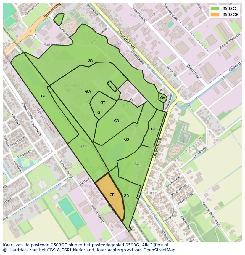 Afbeelding van het postcodegebied 9503 GE op de kaart.