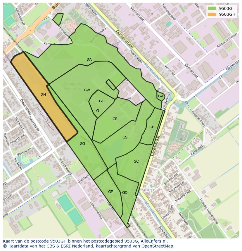 Afbeelding van het postcodegebied 9503 GH op de kaart.