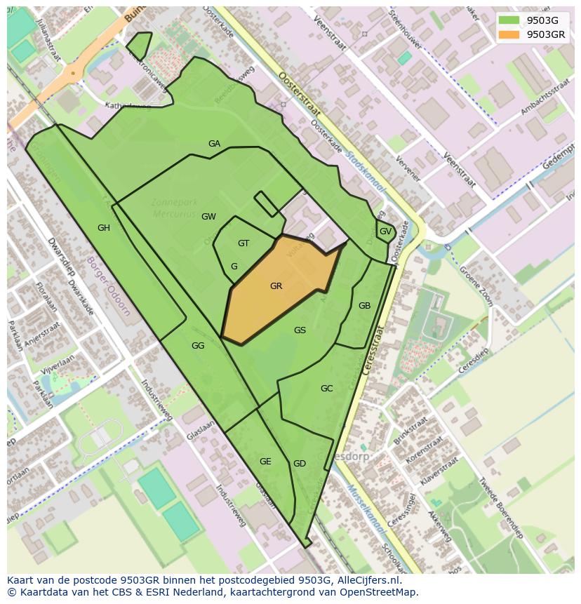Afbeelding van het postcodegebied 9503 GR op de kaart.