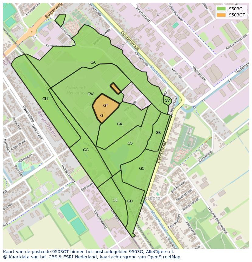 Afbeelding van het postcodegebied 9503 GT op de kaart.
