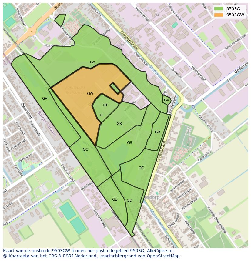 Afbeelding van het postcodegebied 9503 GW op de kaart.