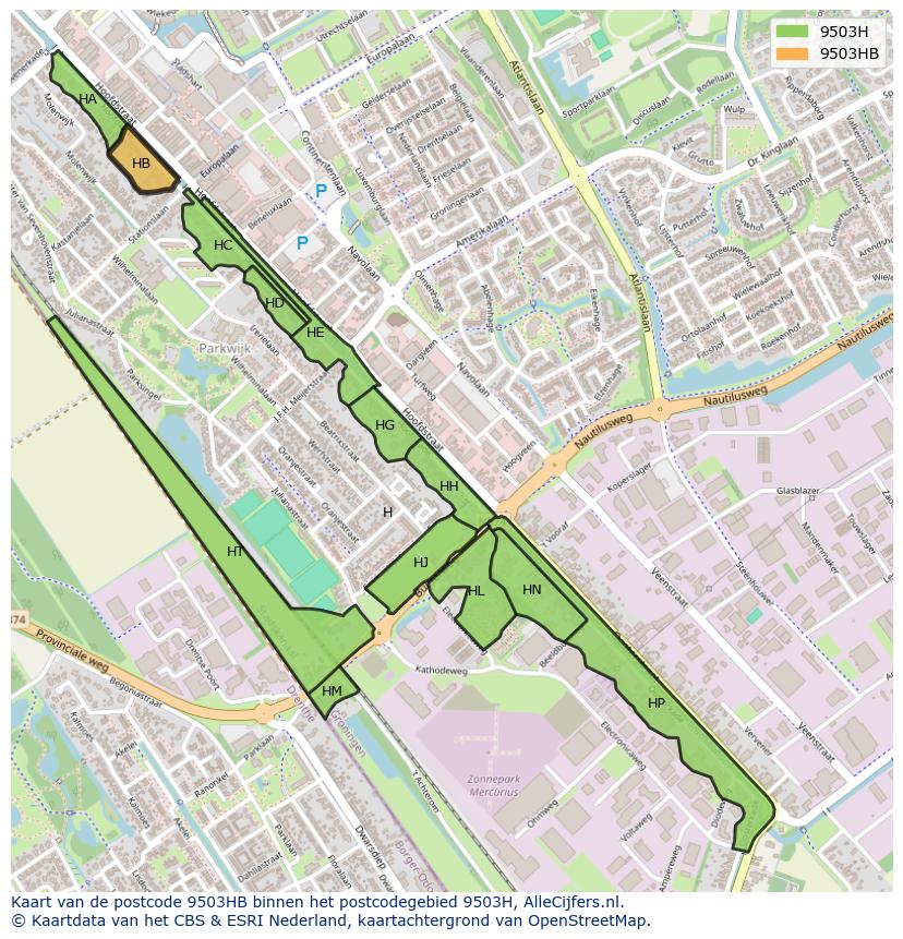 Afbeelding van het postcodegebied 9503 HB op de kaart.